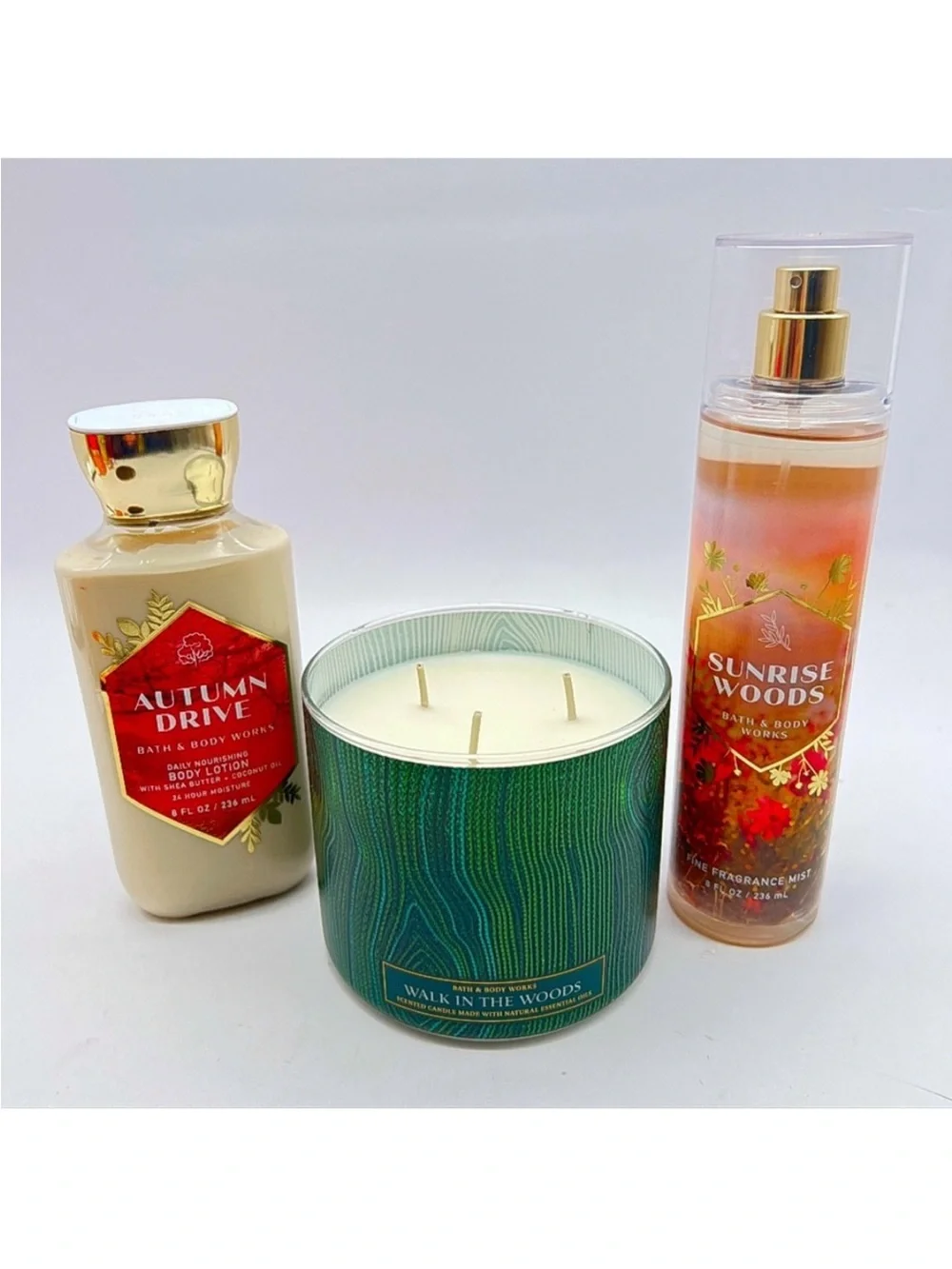 BBW Rare Walk in the Woods 3-Wick + Sunrise Woods Fall Set 7 Pc